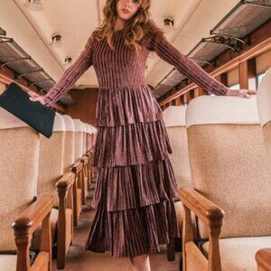 Jessa Kae Eiffel Midi Dress Velvet Tiered Ruffles Whimsigoth Dark Romance Pink